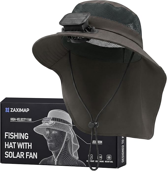 Short Brim Sun Hat with 1 Solar Fan & Neck Flap for Men Women UPF 50+ Outdoor for Garden Fishing Beach Essential