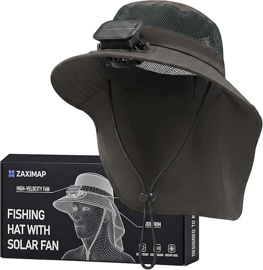 Short Brim Sun Hat with 1 Solar Fan & Neck Flap for Men Women UPF 50+ Outdoor for Garden Fishing Beach Essential