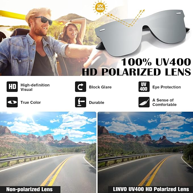 LINVO Trendy Polarized Mirrored Sunglasses Men Womens, Flat One Piece Reflective Shades for Driving Fishing UV400 Protection
