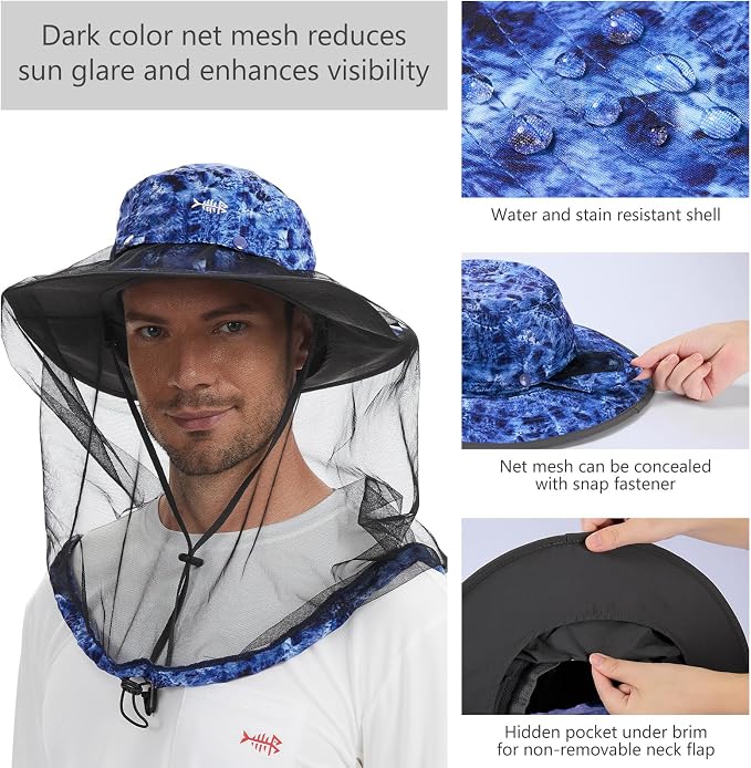 BASSDASH UPF 50+ Mosquito Sun Hat with Hidden Head Net and Neck Flap for Men Women Outdoor Fishing Hiking Camping