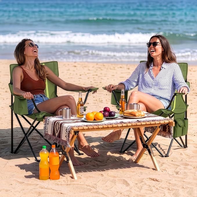 Outvita Heavy Duty Camping Chair with Insulated Cooler, 350LBS Folding Portable Chair with Cup Holder, Side & Back Pockets, Outdoor Foldable Chair for Camping Fishing Tailgating Beach