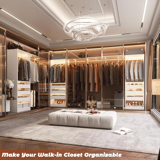 60" Wide x 80" Tall Closet System with 3 Half-Open Wooden Drawers, 5FT Closet Organizer System with 2 Hanging Rods & Removable Tower, Freestanding Wardrobe Organizer for Walk-in Bedroom, White