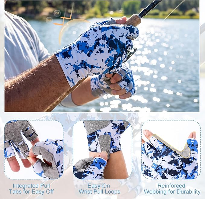 Unittype 3 Pairs Fishing Gloves, UPF50 Fingerless Sun Protection Gloves for Outdoor Fishing, Breathable Non-Slip Grip, Sky Blue