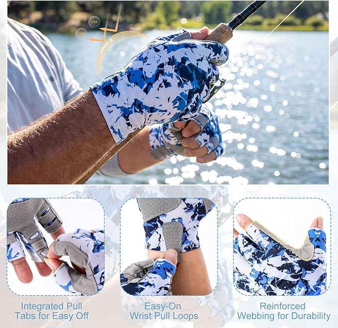 Unittype 3 Pairs Fishing Gloves, UPF50 Fingerless Sun Protection Gloves for Outdoor Fishing, Breathable Non-Slip Grip, Sky Blue