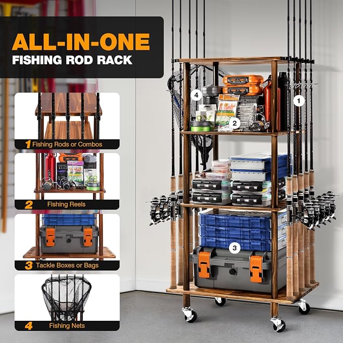 Ghosthorn Fishing Rod Holders Fishing Pole Rack for Garage Hold up to 10 Rods Wooden Fishing Pole Holders Organizer Fishing Rod Rack Fishing Gear Storage Equipment(Carbonization，4 Tier)