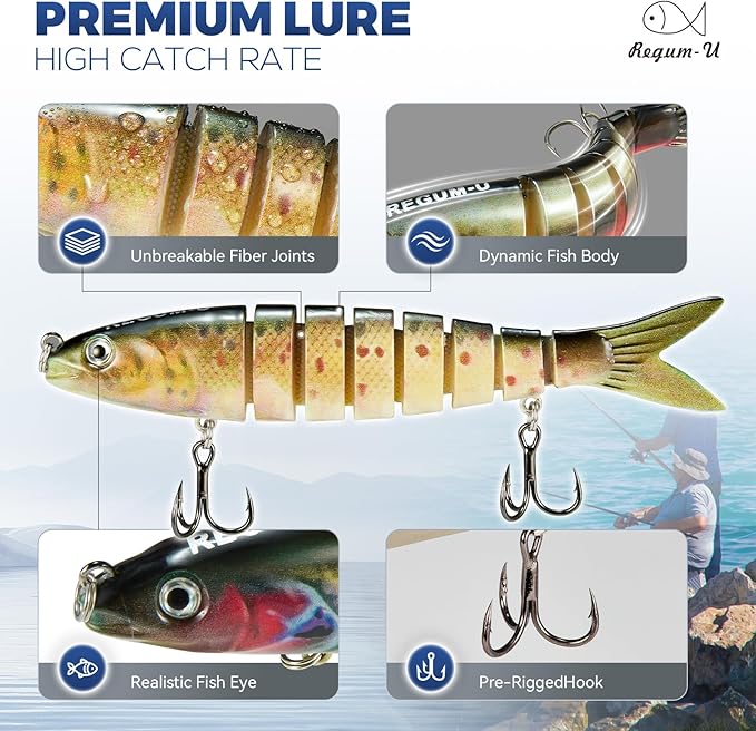 Crown Fishing Lures 8 Segment Realistic Swimbait with 3D Eyes Vibrating Actions,Smooth Lifelike Swimming for More Bites,Reinforced Fiber Joint,Durable Unbreakable Fishing Lure for Various Fish