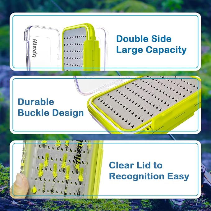 Aventik Waterproof Clear Fly Box Double Sides Floating Lightweight Fly Fishing Case Large Capacity Grip Foam Nymph Wet Dry Flies Lure Box(H18 Green, SIZE B:6.08X4X1.6inch)