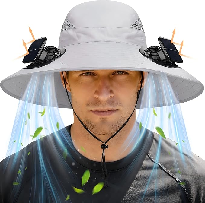Wide Brim Sun Hat with 2 Solar Fans, UPF 50+, USB Charging for Fishing, Hiking, Beach | Solar Power Hat