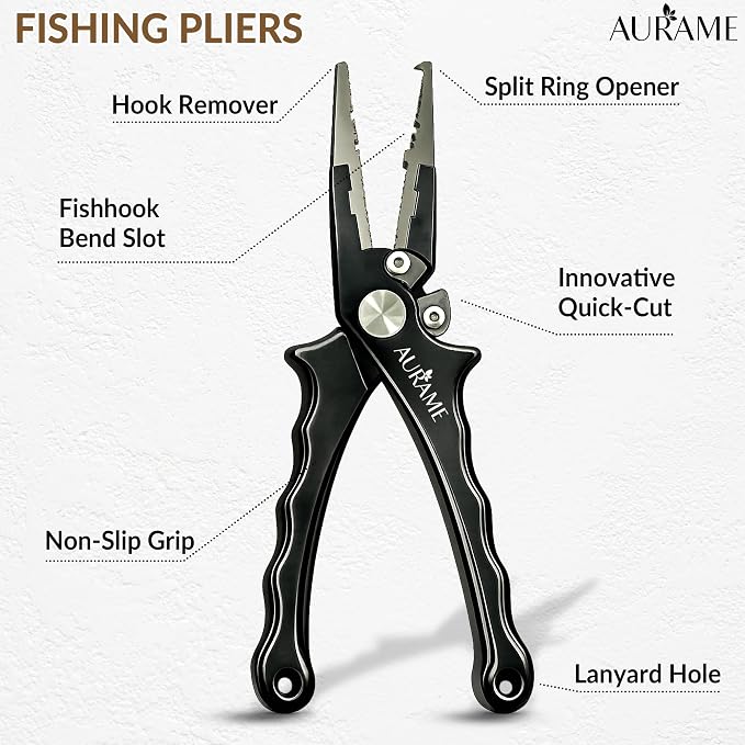 Fishing Pliers Saltwater Resistant Aluminum – Split Ring Pliers & Hook Remover Tool – 6.7in Braid Line Cutter, Sheath & Lanyard – Professional Fishing Tools Kit for Fresh & Salt Water