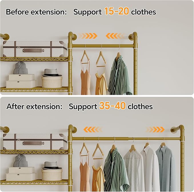W4 Wall Mounted Clothes Rack, Industrial Pipe Clothing Rack, Garment Rack with 6 Hanging Clothes Rods Double Expandable Rods & 6 Adjustable Shelves, Heavy Duty Corner Wardrobe Racks, Gold