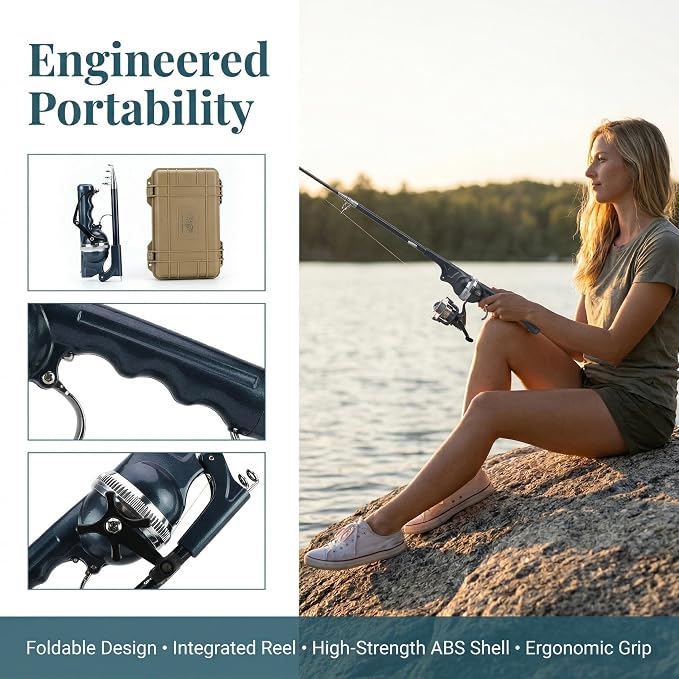 Telescopic Fishing Rod & Reel Combo – Ultra-Portable-Foldable Travel Fishing Pole Kit, Sturdy Fiberglass Build for Hiking, Backpacking, and Outdoor Adventures
