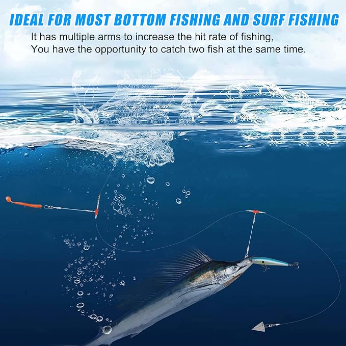 Fishing Leaders Saltwater Tackle Surf Fishing Rigs High Strength Steel Fishing Wire Leaders with Swivel Snaps Beads Gear Equipment for Lures Bait Hooks, 1Arm 2Arms & 3Arms