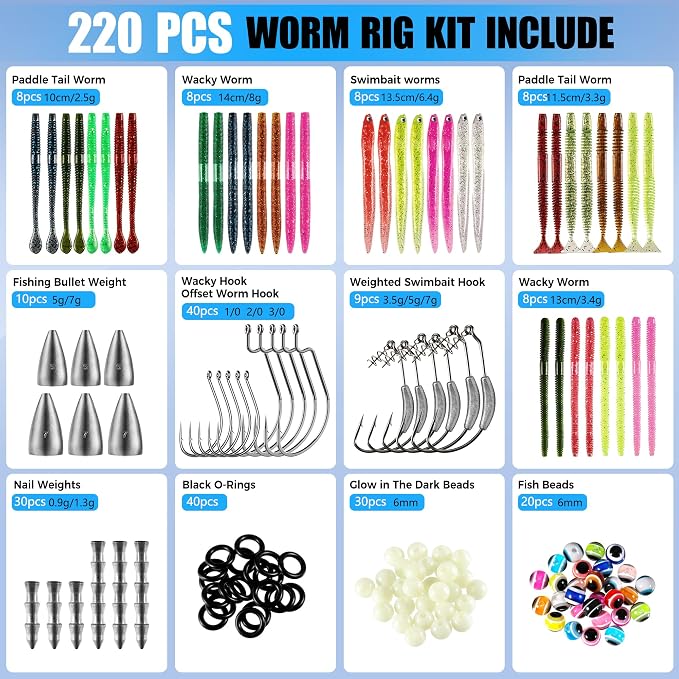 PLUSINNO Wacky Worm Fishing Lure Kit, Soft Plastic Fishing Lures, Grub Baits Hook Wacky Rig Bass Trout Fishing Worms Lures w/Tackle Box