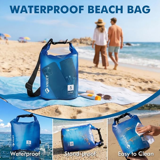 VILLEY Dry Bag Waterproof 5L Roll Top Storage Backpack, Keeps Gear Dry Lightweight Backpack for Kayaking Boating Camping Swimming and Beach Accessories Blue Transparent