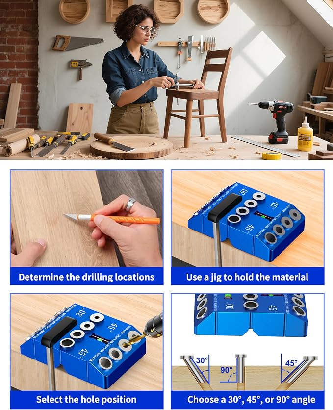 VASTHOME Aluminum 30/45/90° Angle Drill Guide Jig for Woodworking - Precision Angled and Straight Hole Drilling with Bubble Level, for Stair Handrail, Deck Post, Cable Railing, Furniture Assembly