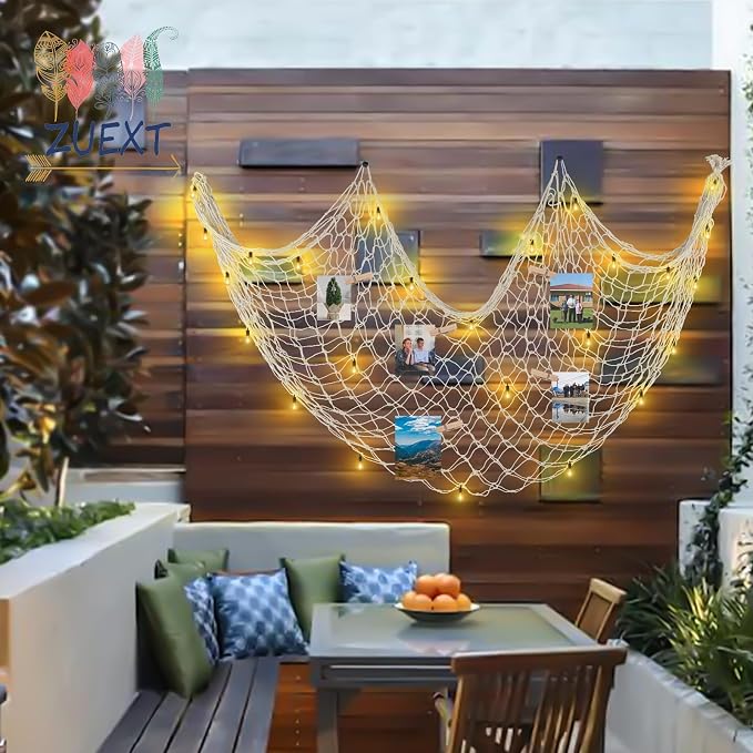 ZUEXT Beige Decorative Fishing Net 5x10 Feet, 3 Pack Large Picture Fish Net Decor, Wall Photo Hanging Fishnet for Nautical Mermaid Pirate Ocean Themed Hawaii Beach Under The Sea Party Decorations