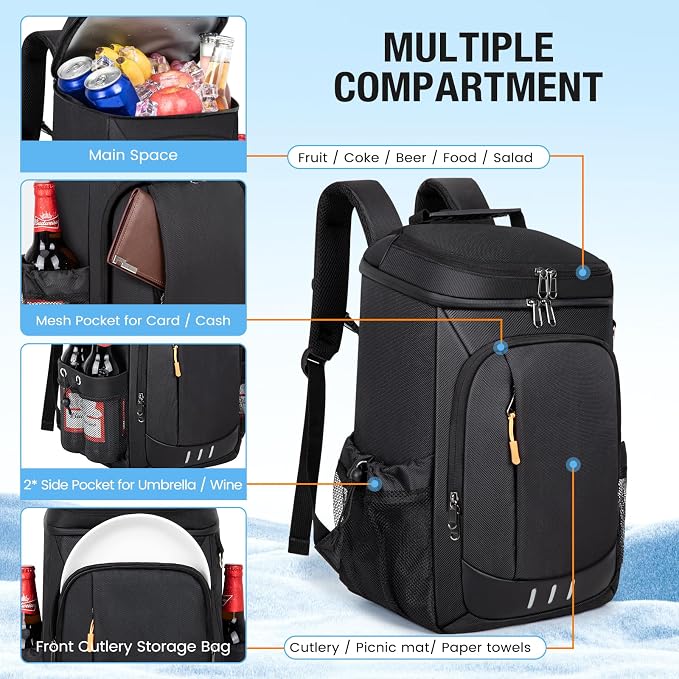 Cooler Backpack- 40 Cans Insulated Backpack Cooler for Men & Women Portable Leak Proof Lunch Backpack Cooler Bag for Beach Picnic Travel Work Camping Hiking-Black