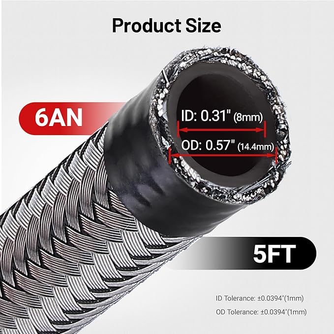 EVIL ENERGY 6AN Fuel Line Nylon CPE, 5FT AN6 Braided Fuel Hose Silver