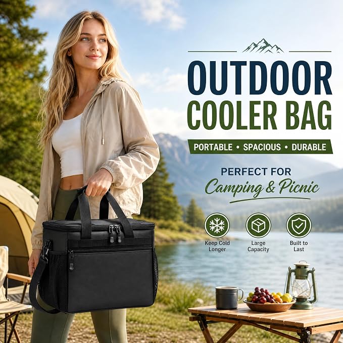 Insulated Cooler Bag 38L Leakproof Soft Cooler Tote Dual Compartment Waterproof Beach Ice Chest,Collapsible Bag Organizer Holds 50 Cans for Camping Picnic Travel Fishing Grocery Sports Event