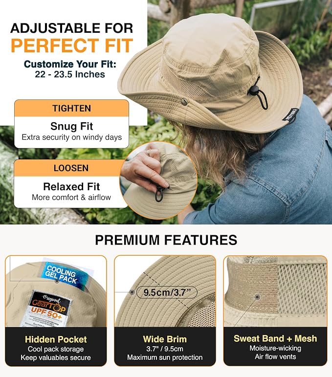 GearTOP Safari Hat for Men Sun Hats for Women UV Protection UPF 50+ Fishing, Gardening, Hiking Hat (22-23 1/2")