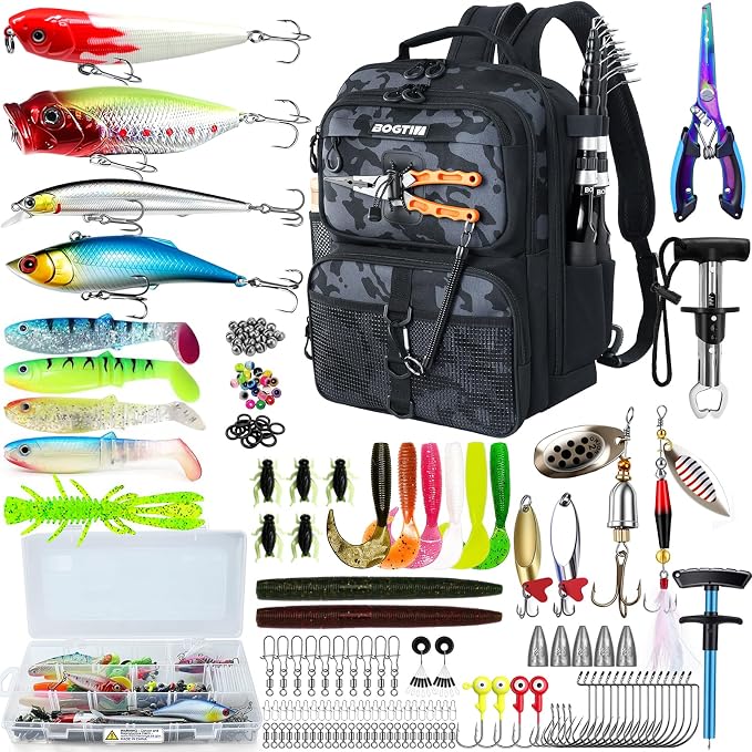 Fishing Backpack with Tackle Boxes & Lures Kit Lightweight 25L Tackle Bag with Fishing Gear and Rod Holder, Fish Gifts for Men Woman-Camo Backpack