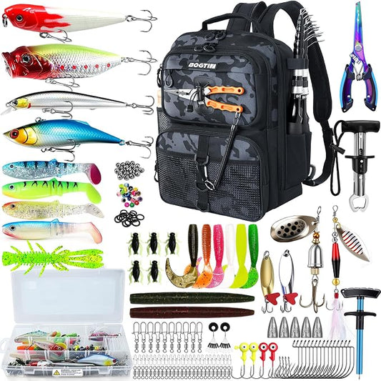 Fishing Backpack with Tackle Boxes & Lures Kit Lightweight 25L Tackle Bag with Fishing Gear and Rod Holder, Fish Gifts for Men Woman-Camo Backpack