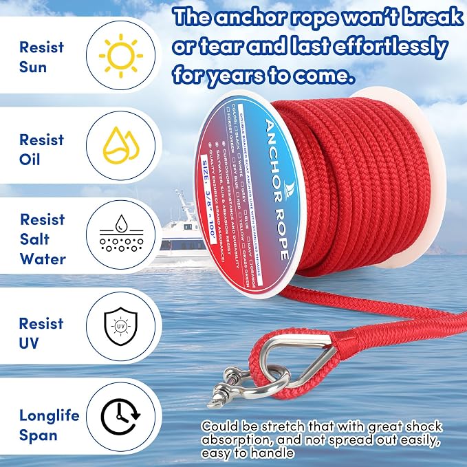 Boat Anchor Rope 100 ft x 3/8 inch Red, Double Braided Anchor Line with Stainless Steel Thimble & Shackle, Marine Rope Ideal for Towing,Mooring,Decks,Anchoring,for Boats Up to 27'