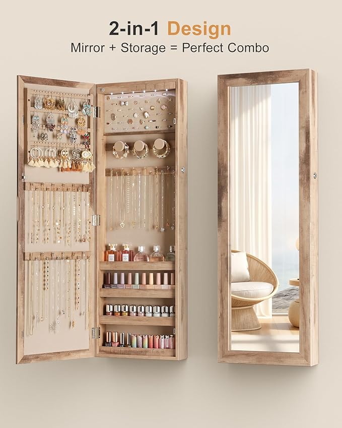 Nicetree 6 LEDs Mirror Jewelry Cabinet, Large Capacity Lockable Jewelry Armoire Organizer, Door or Wall Mounted Mirror with Jewelry Storage, Oak