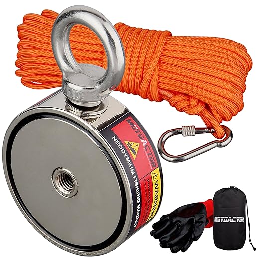 MUTUACTOR Neodymium Fishing Magnet,Double Sided Combined 1100lbs Powerful Fishing Magnet Heavy Duty with 65Ft Salvage Rope,Durable Gloves,Waterproof Bag for Retrieving Tools Find Treasure