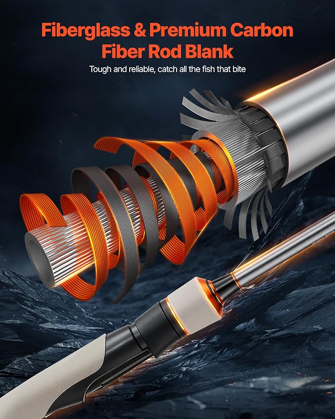 VEVOR Rod and Fishing Reel Combo, IM6 Fiberglass & Carbon Fiber Spinning Rod and Reel Combo, Bass Fishing Pole with 6.5 ft Two-Piece Rods, 6+1 Ball Bearings, Stainless Steel Guides with Ceramic Rings