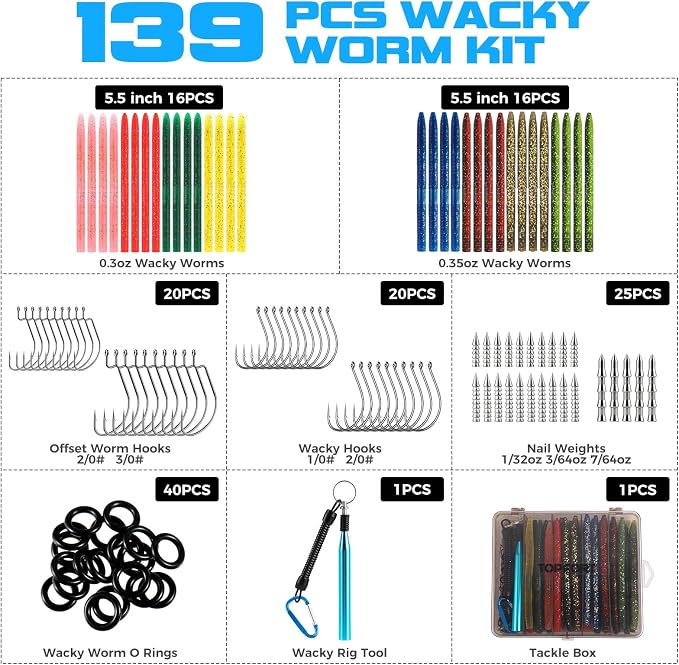 TOPFORT Fishing Lures, Bass Fishing Kit with Wacky Worm, Fishing Worms for Bass Fishing, Soft Plastic Baits with Hooks, Weights, Fishing Accessories, Fishing Gear Fishing Gifts for Men with Tackle Box
