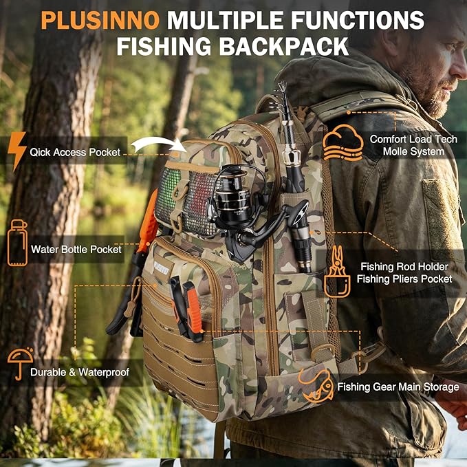 PLUSINNO Fishing Gear, Fishing Backpack with Fishing Rod, Tackle Box, Waterproof Tackle Backpack with Rod Holders,Lures, Tools, Pliers & Accessories, Fish Gifts for Men