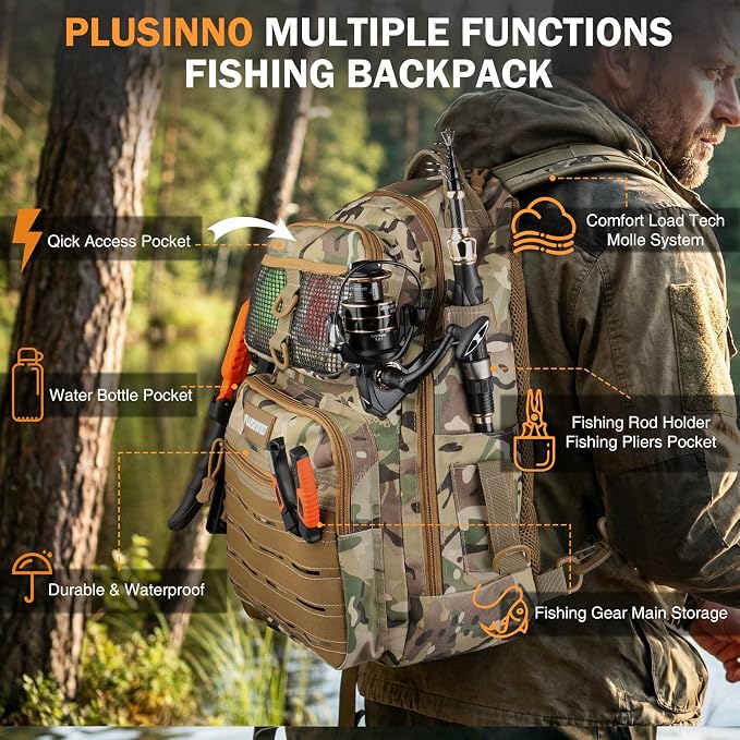 PLUSINNO Fishing Gear Fishing Backpack with Tackle Box, Waterproof tackle Backpack with Rod Holders, Lures, Tools, Pliers & Accessories, Fish Gifts for Men
