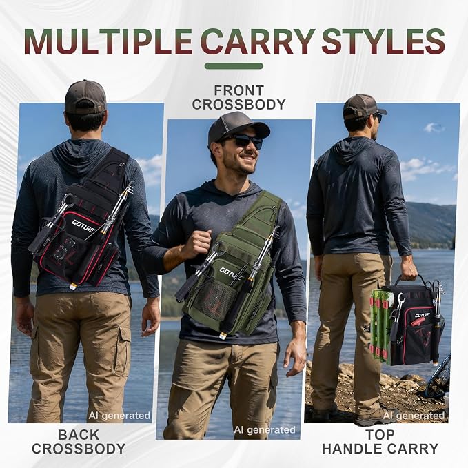 Goture OpenSide Fishing Sling Tackle Storage Bag with 3 Tackle Boxes, Lightweight Fishing Backpack Storge Gear - Black Bag Outdoor,Gift for men