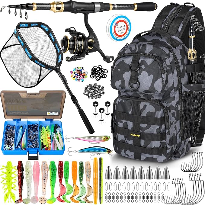 PLUSINNO Fishing Gear- Fishing Rod and Reel Combos, Fishing Backpack, Fishing Net, Fishing Bag with Rod Holders and Tackle Box for Freshwater/Saltwater, Fishing Gifts for Men
