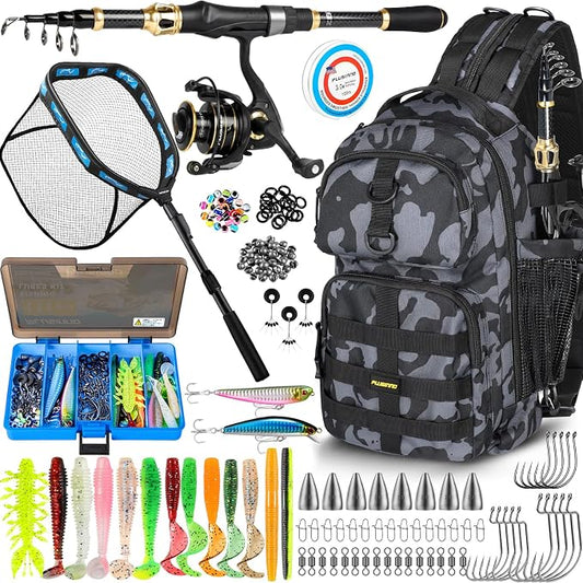 PLUSINNO Fishing Gear- Fishing Rod and Reel Combos, Fishing Backpack, Fishing Net, Fishing Bag with Rod Holders and Tackle Box for Freshwater/Saltwater, Fishing Gifts for Men