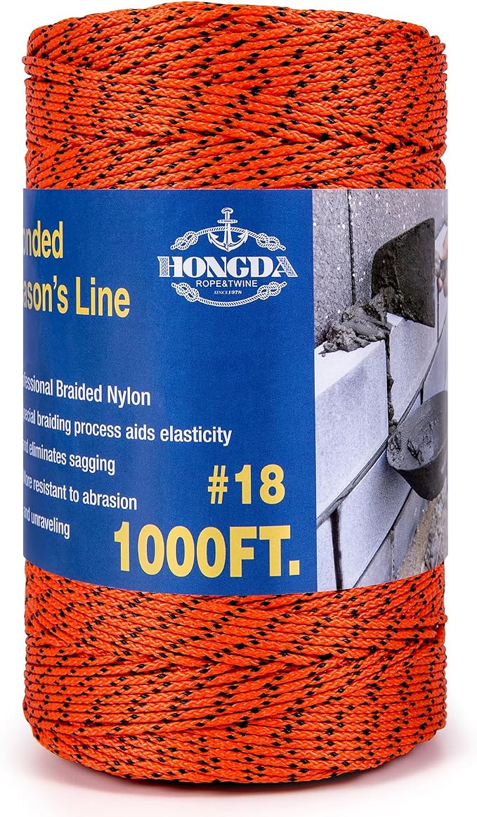 HONGDA Professional Masonry String Lines, 1000 Feet #18 Bonded Braided Nylon Mason Line, Durable and Versatile String for Masonry, Construction, Gardening, and DIY Projects, Fluorescent Orang
