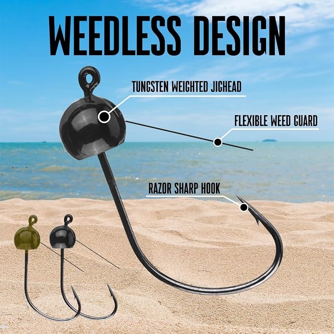 Reaction Tackle Tungsten Wacky Jig Heads - 5-Pack for Bass Fishing Jigs, Weedless Option Wacky Worm Hook - Finesse Jig for Soft Plastics