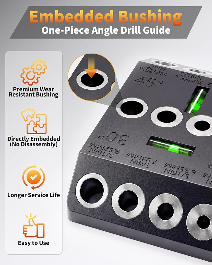 VASTHOME Cable Railing Drill Guide Jig - 30/45/90 Degree Multi-Angle Portable Drilling Template for 4 Standard Sizes: 3/16", 1/4", 5/16", 3/8",Straight Hole Drilling w/Bubble Level for Stair & Deck