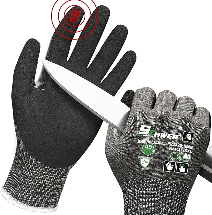 Schwer ProGuard High Level Cut Resistant Work Gloves PR3326 for Extreme Protection，ANSI A9 Cut Gloves with Reinforced Thumb, Non Slip, Durable, Touch-screen, Black 1 Pair（XXL）