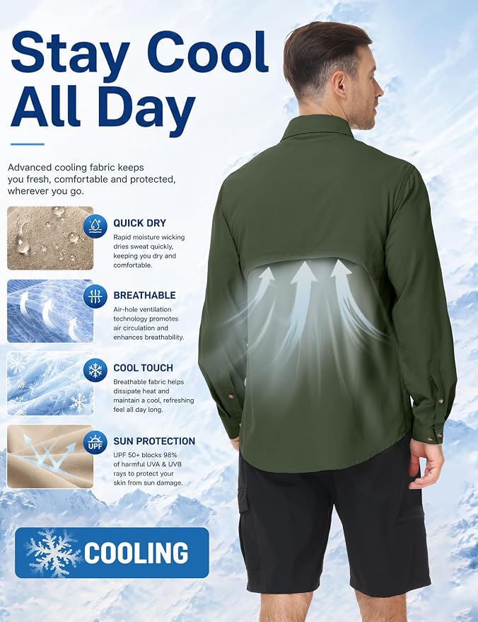Roadbox Men's Sun Protection Fishing Shirt, Long Sleeve Cool Dry Lightweight UPF 50+ Shirts for Hiking Safari Camping Travel