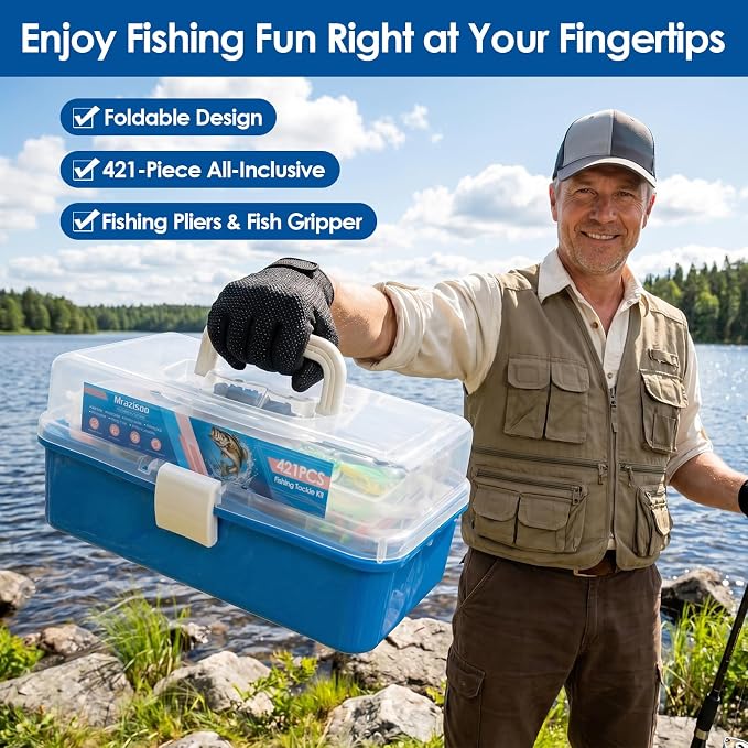 Fishing Lures Kit, 421PCS Tackle Box with Tackle Included, Fishing Pliers, Hooks, Soft Baits, Weights & Accessories - Complete Freshwater Bass Fishing Gear Kit for Men with Gift(Blue)