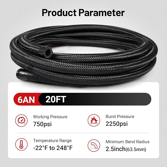 EVIL ENERGY 6AN Fuel Line Kit, 6AN Nylon Braided Fuel Line Hose Fitting Kit CPE 20FT Black&Red
