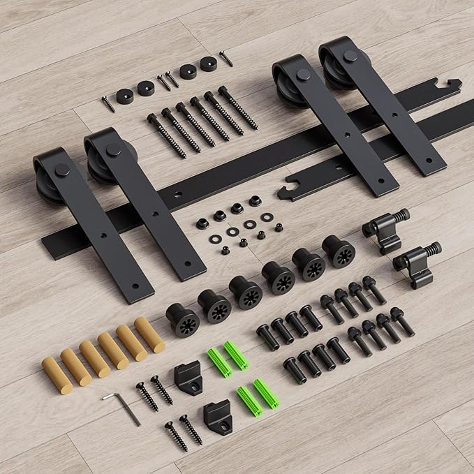 CCJH 5.5FT Sliding Barn Door Hardware Kit, Heavy Duty, Smoothly and Quietly, Easy to Install, Fit 16" Width Double Door Panel, Basic Style Hangers Black