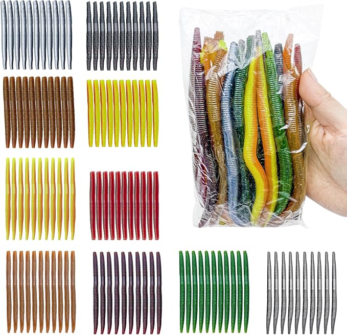 5.5" and 4" Wacky Worms Soft Fishing Lures Worm Soft Plastic Bass Baits Mixed Kit Plastic Worm Stick Baits for Freshwater Saltwater