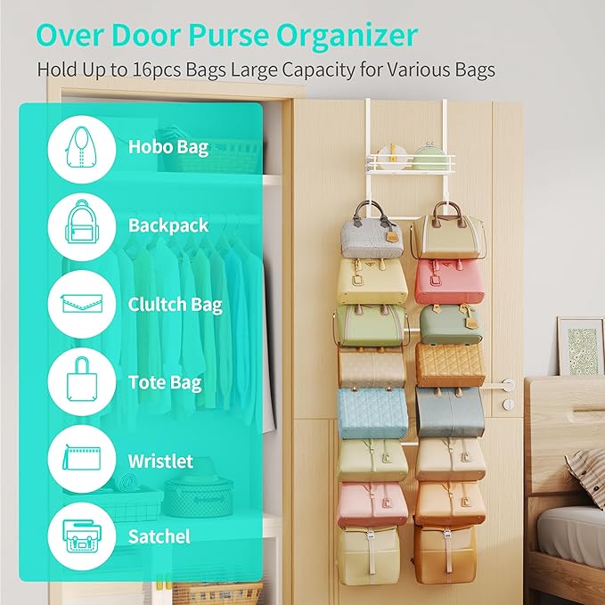 HapiRm Over The Door Purse Organizer - Wall Mounted Purse Rack with 16 Hooks and Metal Basket, Hanging Handbag Organizer Holds up to 16 Bags, Bag Rack Can Use As 1/2 Part, for Door, Closet (White)