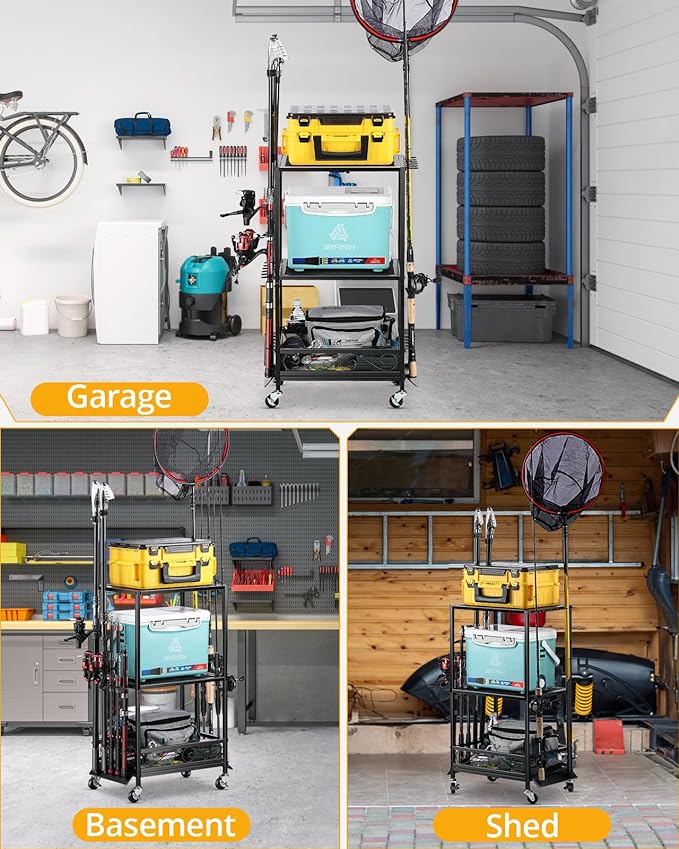 EXTCCT Fishing Rod Holder - Fishing Pole Rack for 10 Rods - Adjustable Height Fishing Gear Equipment Organizer Storage Solution for Garage Basement or Indoor