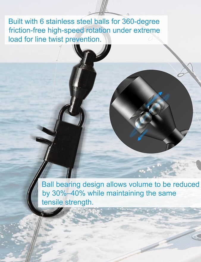 Hlotmeky Fishing Swivels with Interlock Snaps - 40 Pack Ball Bearing Swivels Black Nickel Snap Swivels High Strength Stainless Steel Corrosion Resistant Terminal Tackle for Saltwater Freshwater