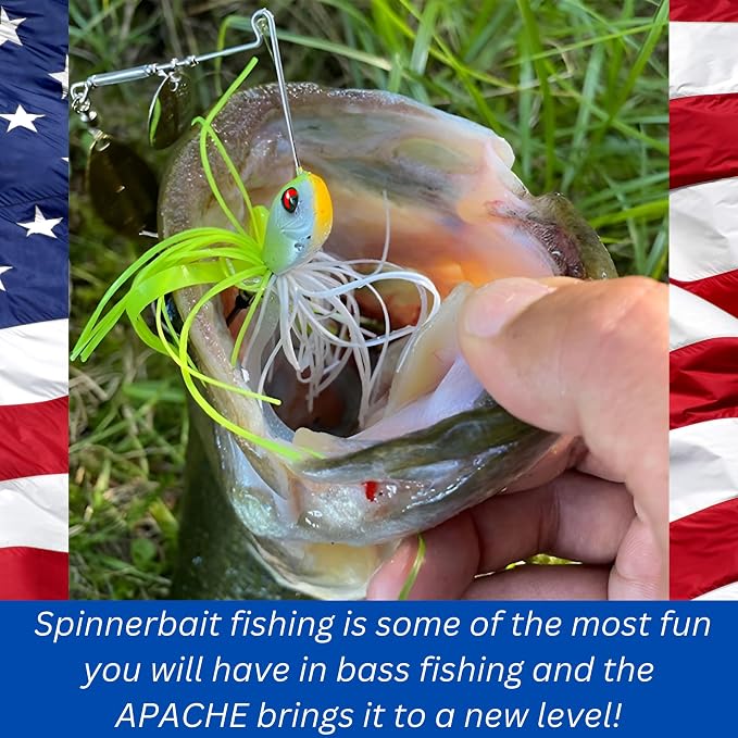 USA BASS Tackle Apache Attack Spinnerbait Type II Largemouth Smallmouth Spotted Bass Premium Fishing Bait Handtied Skirt Custom Blades Heavy Duty Hook New for 2025
