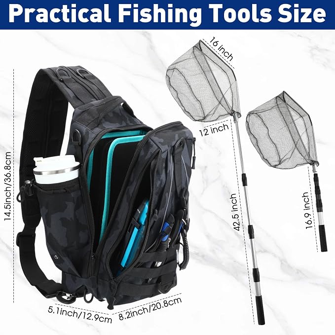 RoundFunny 256 Pcs Fishing Backpack with Tackle Box Gears, Tackle Sling Bag Backpack, Fishing Hook, Lures, Retractable Landing Net, Plier, Lip Gripper, Hook Remover, Fish Gift Men
